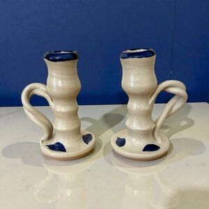 Williamsburg Pottery Bedside Candlestick Holder Cobalt Blue Set Of 2 Salt Glaze